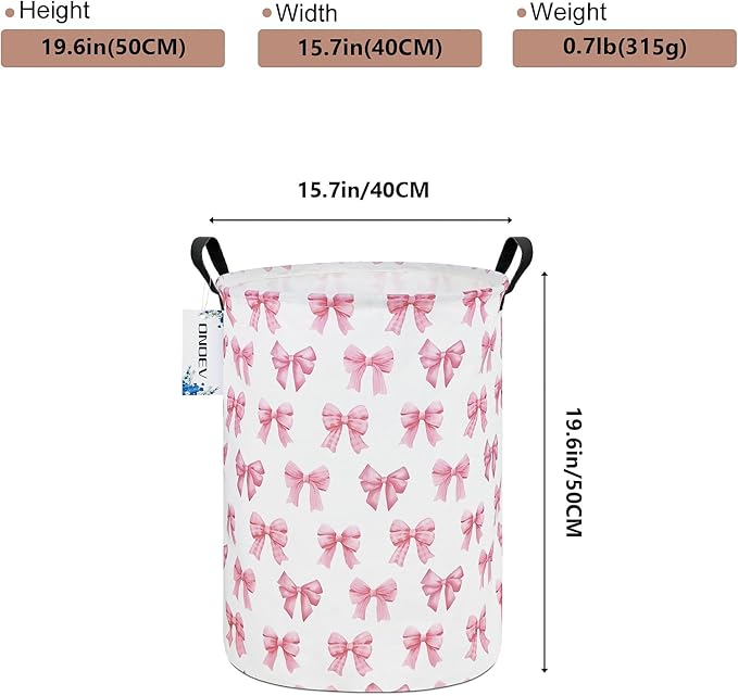 Round Foldable Girls' Storage Basket Kids Laundry Hamper Pink Gift Basket Suitable For Home Decoration Office and Toy Storage(Pink Knot)
