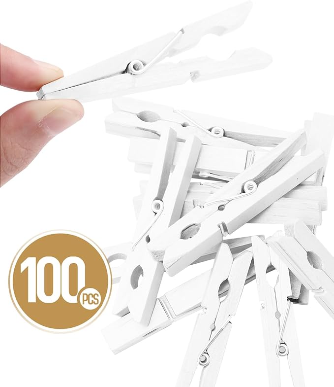 100 Pack White Clothespins 2.9 Inch, Heavy-Duty Wood Rust-Resistant Clothes Pins, Solid Birch Clips for Laundry, Photo Wall Displays, Craft Projects & Classroom Decoration
