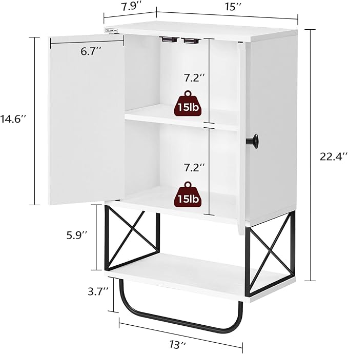 Bathroom Wall Cabinet with 2 Door and Adjustable Shelf, Farmhouse Medicine Cabinet with Towel Rack, 3-Tier Wall Mounted Storage Cabinet Over The Toilet for Bathroom Laundry Room, White
