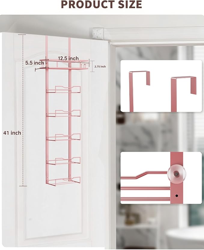 Hanging Towel Racks for Bathroom No Drill - 6-Tier Over The Door Bath Towel Storage Organizer for Small Bathrooms - Tiered Back of Door Towel Holder Hanger for Rolled Towels RV Camper Rose Gold