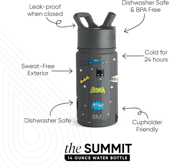 Simple Modern Kids Summit Water Bottle with Straw Lid | DC Comics Batman 14oz Stainless Steel Cup Insulated Tumbler for Boys, School | Batman POW!