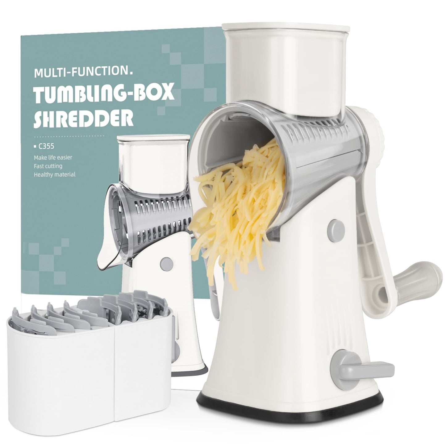 X Home Rotary Cheese Grater for Kitchen, Shredder with 3 Interchangeable Blades, Rotary Grater with Handle and Strong Suction Base, for Vegetables, Fruit, Nuts, Easy to Use and Clean, Black