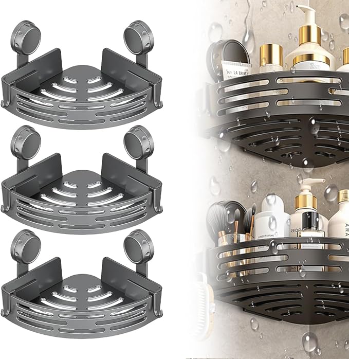 Triangle Suction Cup Corner Shelves, 2026 No Drilling Bathroom Storage Rack, Corner Shower Shelf Suction Cup Shower Caddy Corners Organizer Storage Rack Adhesive with Towel Bar (grey, three-layer)