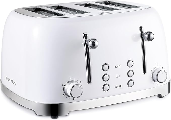 4 Slice Toaster Roter Mond Retro Stainless Steel with Bagel Defrost Cancel Function, 6 Browning Settings, Extre Wide Slot and Removable Crumb Tray, Cream, ST033
