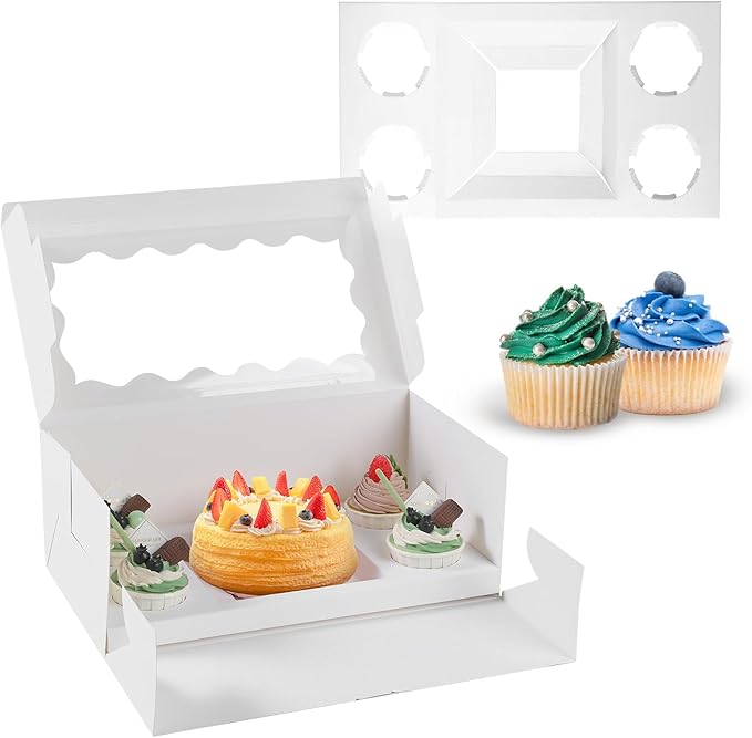 JCD 9 Holes Fit 8 Cupcakes and 1 Mini Cake Box Combo,8 sets of Cake Boxes, Pastry Sweets Bento Box, Cupcake Combo Box with Stickers(1+8/8pcs)