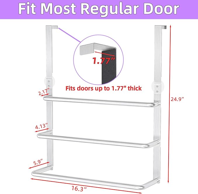 Over The Door Towel Rack, 304 Stainless Steel Towel Rack, 3 Tier Towel Bar for Hanging Towels, 16 Inch Over Door Towel Storage Holder for Bathroom, Brushed Silver