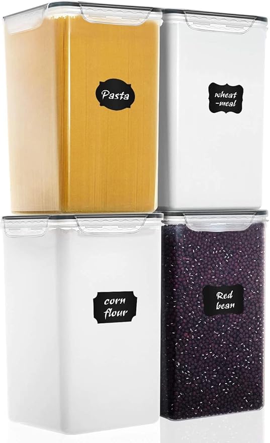 Large Food Storage Containers 5.2L (175oz), MCIRCO 4 Pieces Plastic Airtight Food Storage Containers for Flour, Sugar, Baking Supplies, with 4 Measuring Cups and 20 Labels
