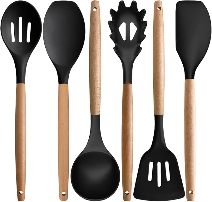 IOCBYHZ Silicone Cooking Utensils Set 5Pcs Non-Stick Silicone Kitchen Utensils for Cooking, Heat Resistant Kitchen Gadgets Spatula Spoon Turner Set with Wooden Handles for Non-Stick Cookware BPA Free