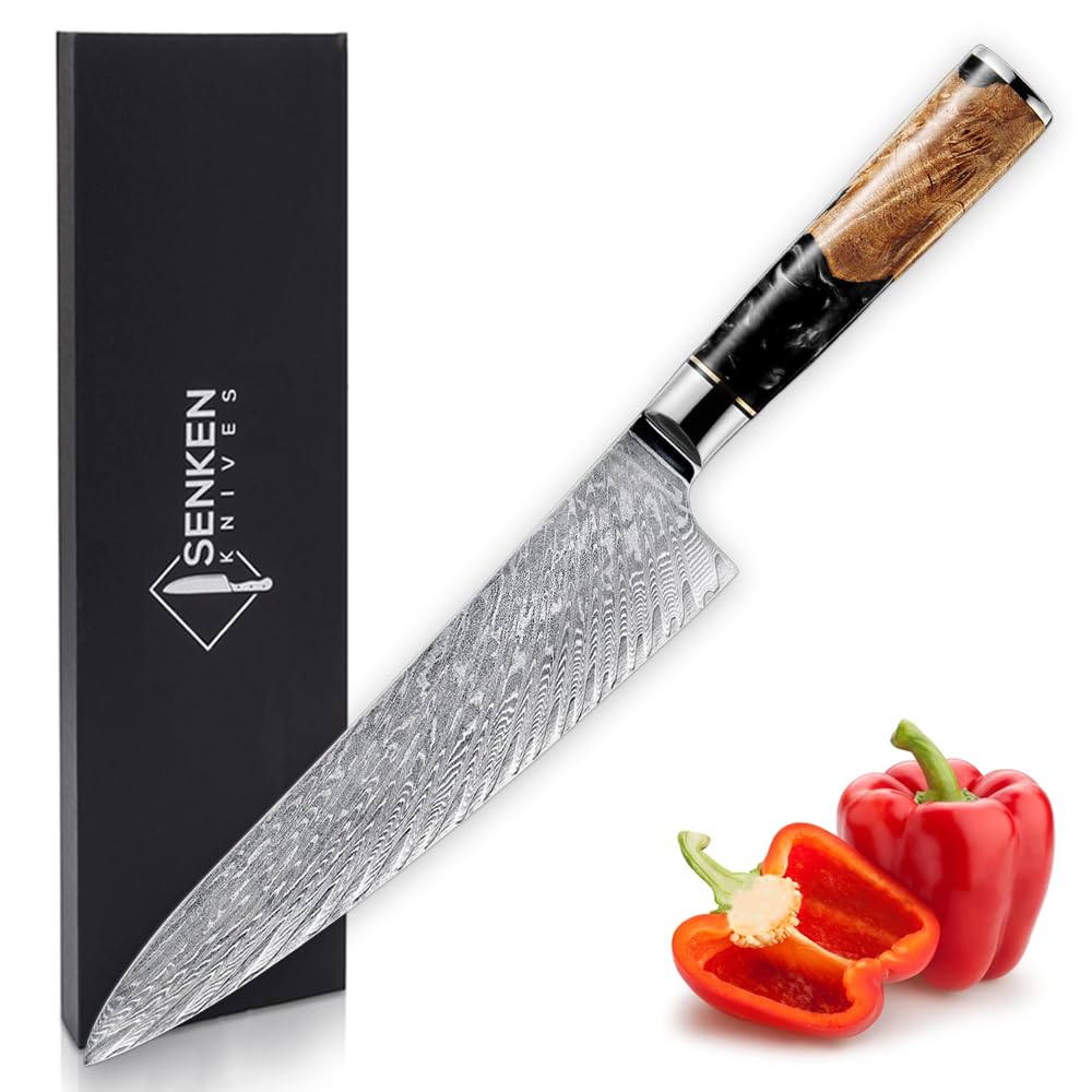SENKEN Damascus Steel Chef's Knife - Tsunami Collection - 67-Layer Japanese VG10 Steel Core - Unique Blue Resin & Natural Wood Handle, Razor Sharp, Beautiful Damascus Wave Pattern (8" Chef's Knife)