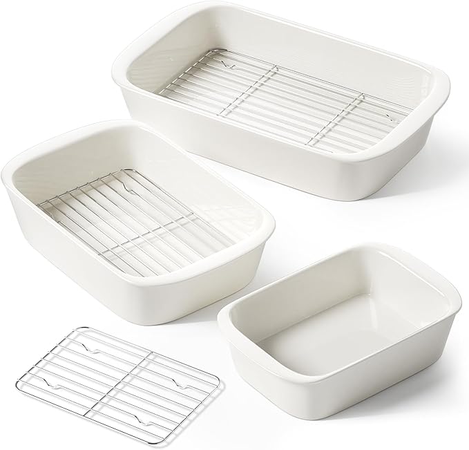 LE TAUCI Ceramic Casserole Dishes for Oven with 304 Racks, Set of 3, Oat
