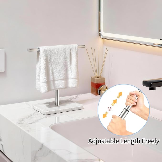 Hand Towel Holder Stand, T-Shape Hand Towel Rack for Bathroom, Hand Towel Stainless Steel for Kitchen Vanity Countertop, Marble Base Brushed Adjustable 9.06" -17.68"