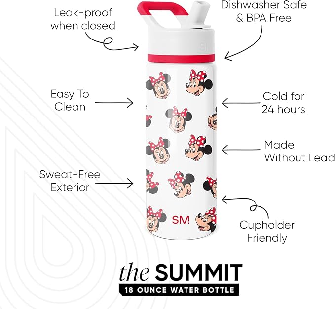 Simple Modern Kids Summit Water Bottle with Straw Lid | Disney Minnie Mouse 18oz Stainless Steel Cup Insulated Tumbler for Girls, School | Minnie Mouse Fun