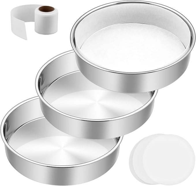 8 Inch Cake Pan Set of 3, E-Far Stainless Steel Round Layer Cake Baking Pans with Parchment Rounds & Side Liner Roll, Non-Toxic & Healthy Metal Cakes Tin, Straight Side & Dishwasher Safe