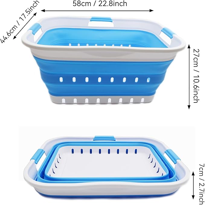 SAMMART 42L (11 gallon) Collapsible Plastic Laundry Basket - Foldable Pop Up Storage Container/Organizer - Space Saving Hamper/Basket (1, White/Marine Blue)