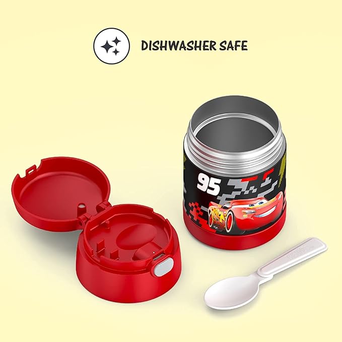 THERMOS FUNTAINER Insulated Food Jar, 10 Ounce, Kid Friendly Food Jar with Foldable Spoon, Cars