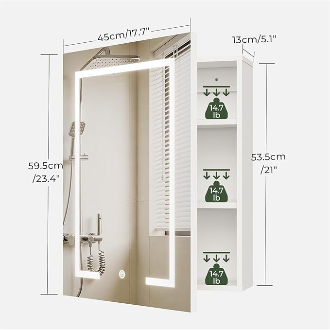 LED Lighted Bathroom Medicine Cabinet with Mirror, Bathroom Vanity Mirror with Storage, Wall-Mounted Storage Cabinet with Adjustable Shelves, Touch-Sensitive Control, 3 Color Lighting, White