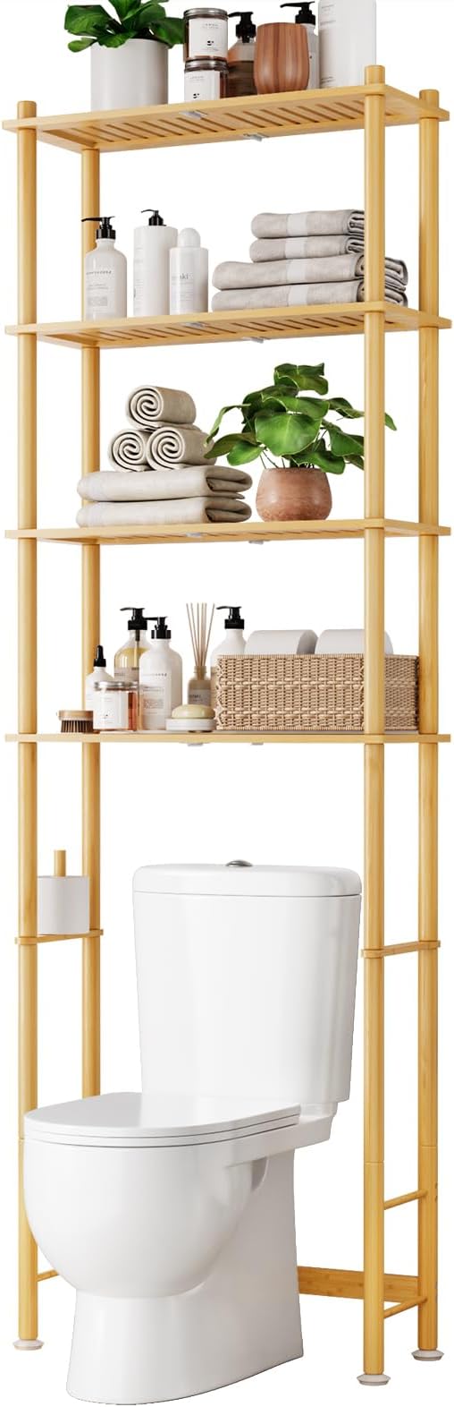 Kitsure 4-Tier Bamboo Over The Toilet Storage Cabinet, Bathroom Organizer and Above Toilet Shelf with Paper Holder, Freestanding Space Saving Rack with Wall Anchor, Natural (75.3” H)