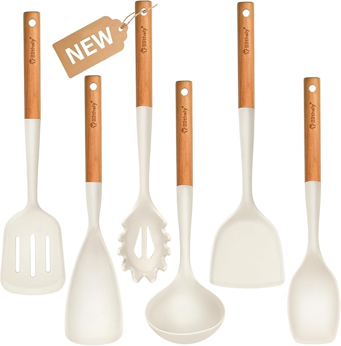 Large Silicone Kitchen Utensils Set, 6 PCS Nonstick Cooking Utensils Set with Wooden Handle, Heat Resistant and BPA Free Silicone Utensil Set for Cooking with Turner, Spoon and Ladle(Cream White)