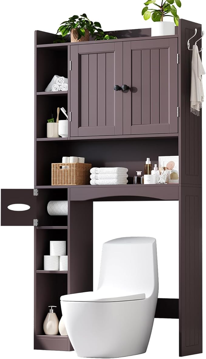 Gizoon Over The Toilet Storage Cabinet, 66''H Over Toilet Storage Cabinet, with Paper Holder, Adjustable Shelves, 2 Doors, Over Toilet Bathroom Organizer, 2 Side Hooks, Space-Saver, Dark Brown