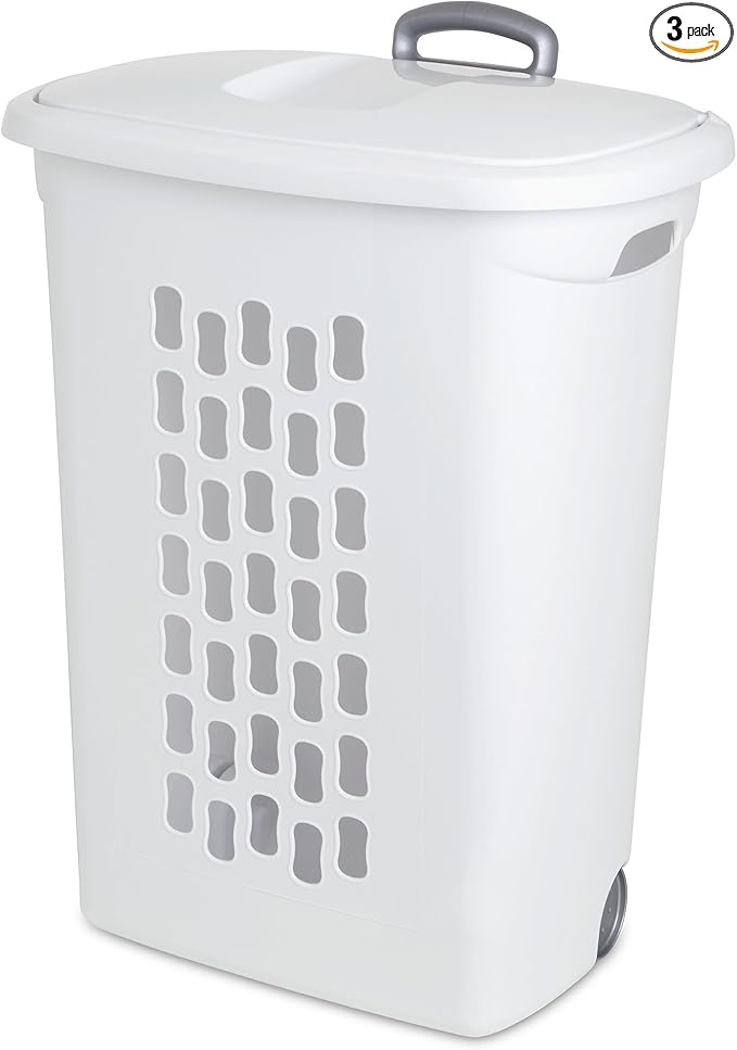 Sterilite 3-Pack Ultra Wheeled Hamper, Laundry Basket w/ Flip-Top Lid & Retractable Handle - Plastic Rolling Clothes Storage Cart with Ventilated Holes for Home, Apartment or Dorm