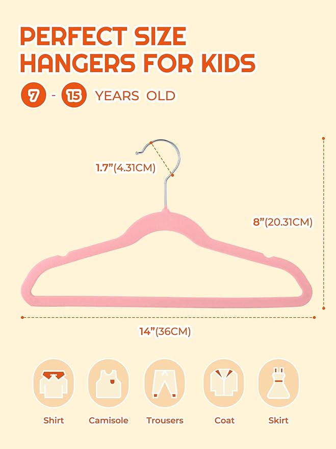 HOUSE DAY 14 Inch Kids Velvet Hangers 50 Pack, Durable Big Kids Hangers, Non Slip Kid Felt Hanger for Youth, Cute Childrens Hanger for Closet, Pink