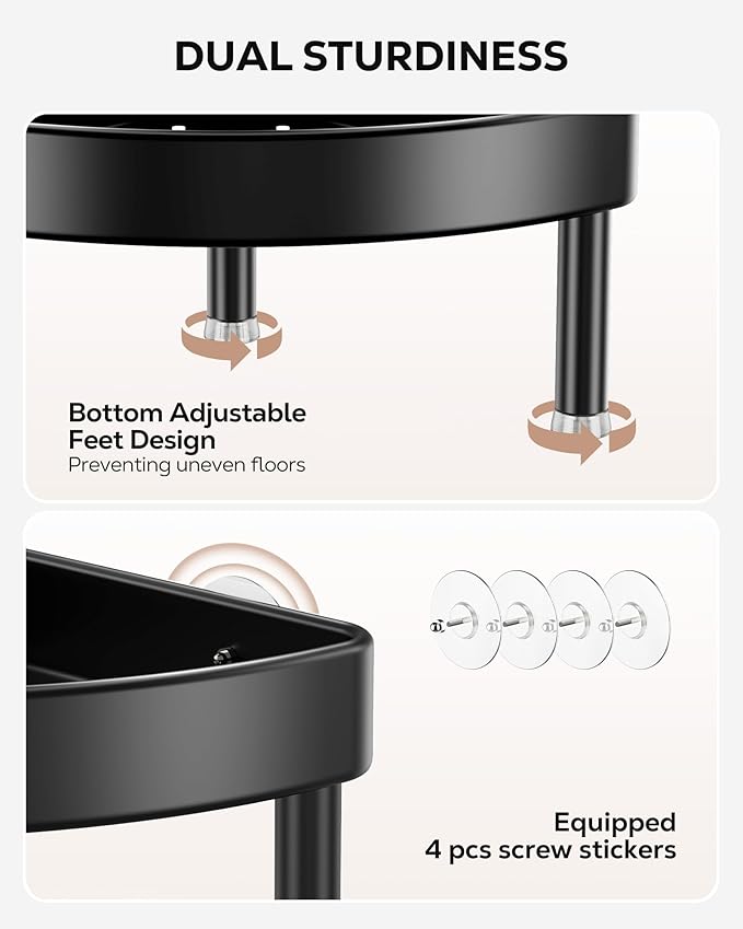 Nieifi Corner Shower Caddy Stand-3 Tier Rustproof Anodized Aluminum Standing Shower Organizer-Shower Caddy Corner-Dual Stability to Anti-Shaking-Height-Adjustable Legs for Uneven Surfaces-Black
