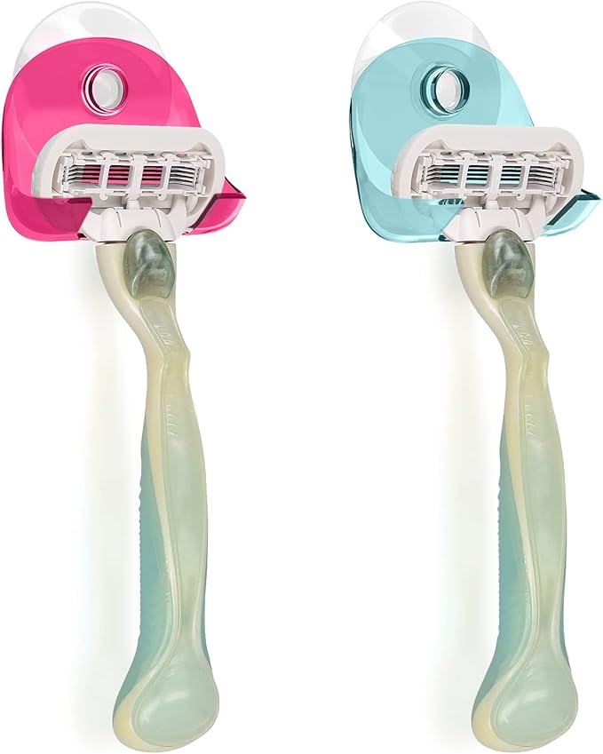 kwmobile 2x Razor Holder with Suction Cup - Self-Adhesive Shaver Wall Mount - Bathroom Organizer for Glass and Tiles - Light Blue/Dark Pink/Transparent