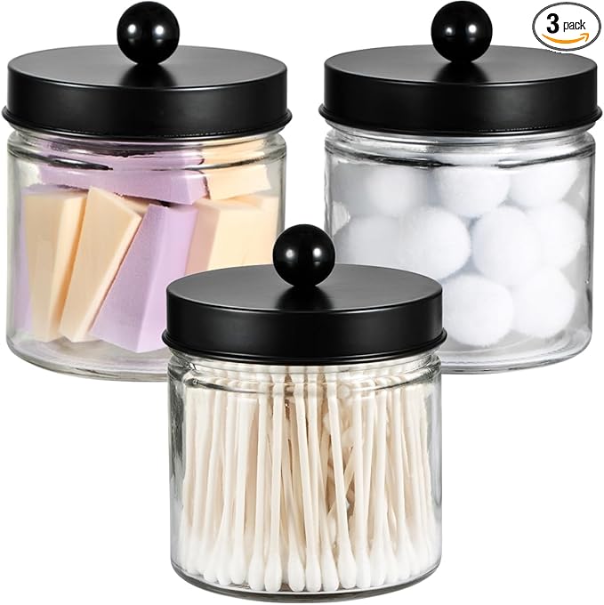 SheeChung Bathroom Organizers and Storage - 3Pack Qtip Holders Bathroom Canister Apothecary Jars for Cotton Swabs, Rounds, Balls, Qtips,Makeup Sponges, Flossers,Bath Salts - Black