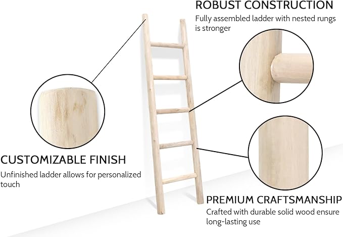 FUIN Fully Assembled 57in Wood Blanket Ladder Living Room Decorative Wall Leaning Farmhouse Quilt Display Holder Rustic Wooden Towel Rack for Bathroom, Unfinished
