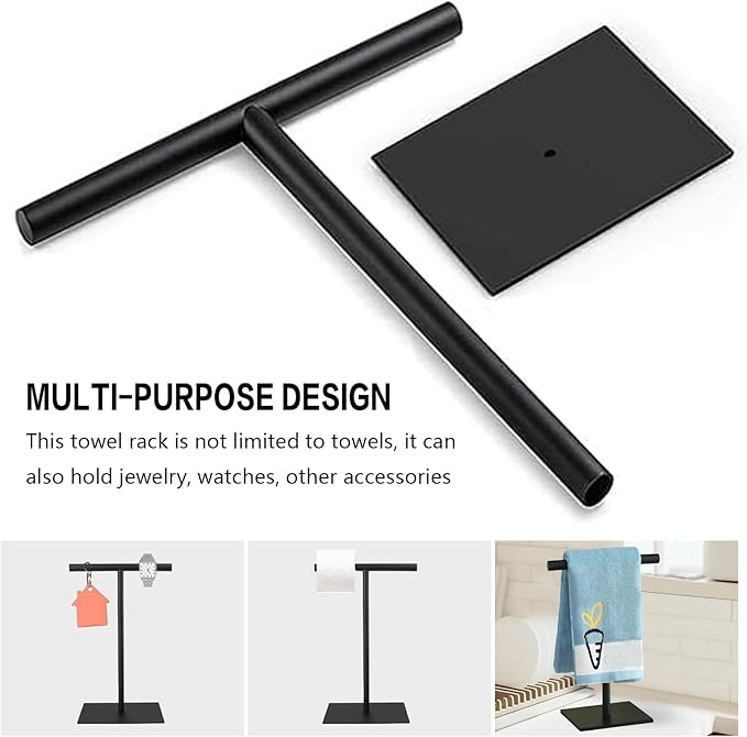 Towel Racks Hand Towel Stand, Countertop T-Shape Stainless Steel Free Towel Rack Stand Storage for Table, Black Towel Ladder Hanger Bar Drying with Heavy Base for Bathroom Kitchen, Bathroom Decor