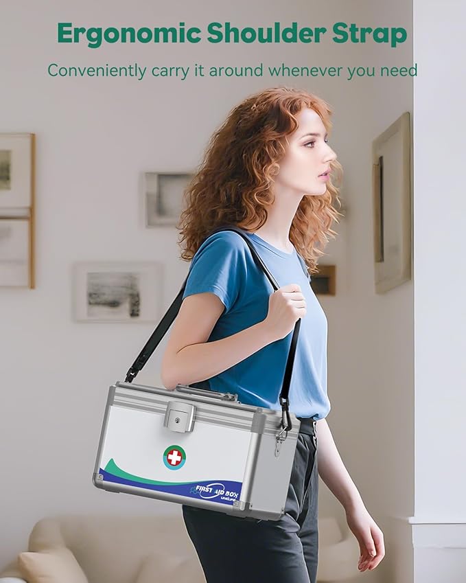 Uniclife Medicine Lock Box First Aid Box with Key Lock, Handle & Shoulder Strap Portable Medication Lockable Kit Metal Lockable Medicine Storage Security Lock Boxs for Medications, 12" x 7" x 7.5"