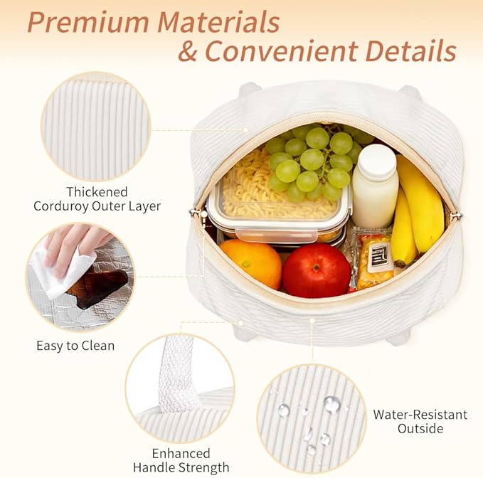 Coobiiya Lunch Bag for Women Men, Cute Corduroy Lunch Tote Bags Insulated Reusable LunchBox Large Capacity Cooler Bag for Work Travel Picnic