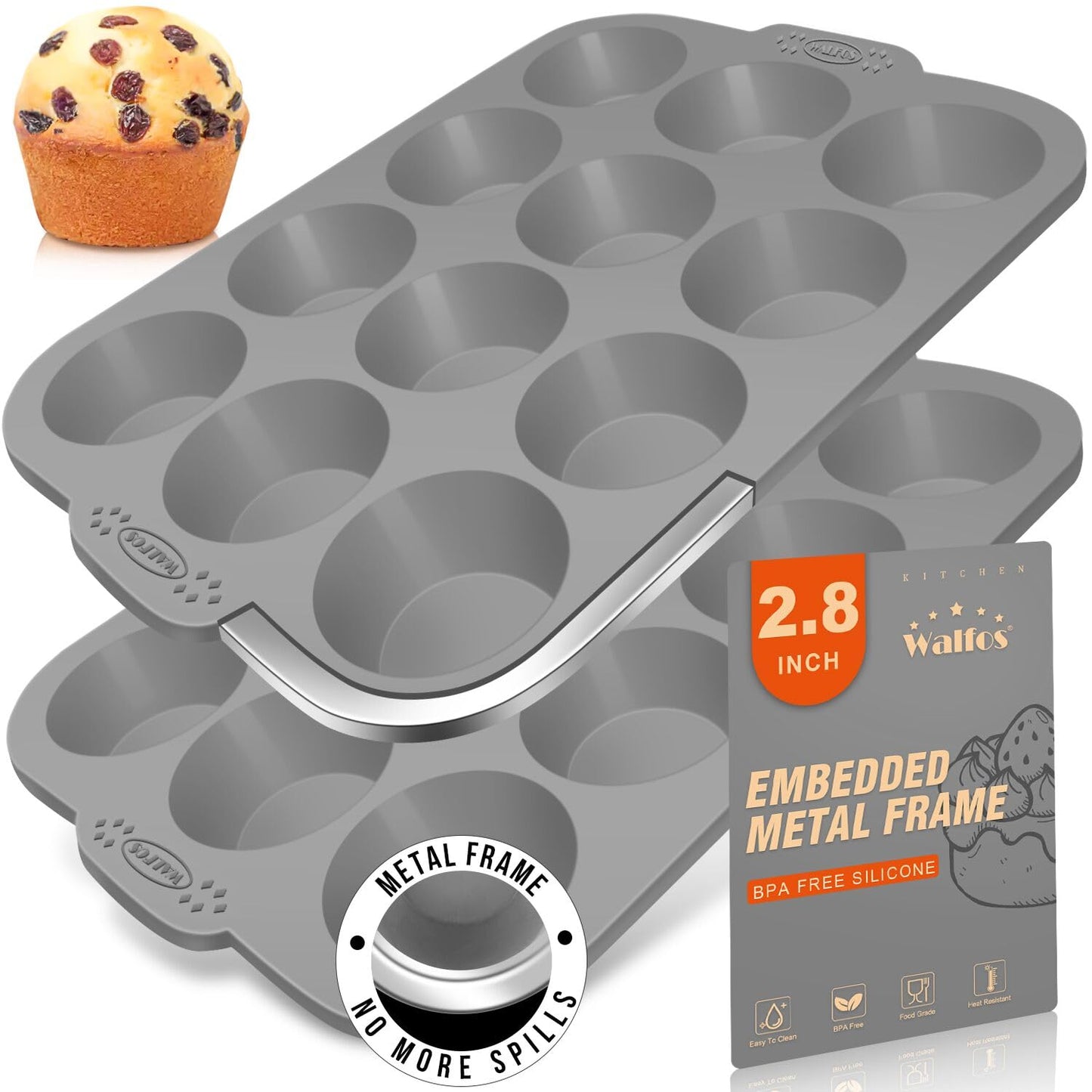 Walfos Silicone Muffin Pan - 12 Cups Regular Silicone Cupcake Pan, Non-stick Great for Making Muffin Cakes, Tart, Bread - BPA Free and Dishwasher Safe