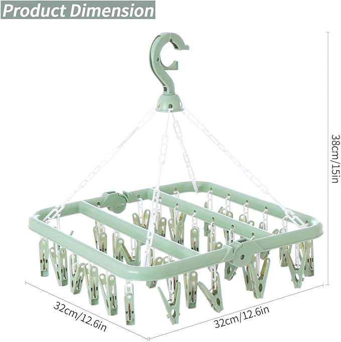 Clothes Drying Rack with 32 Clips, Foldable Hanging Rack, 360° Rotatable Hook for Drying Socks Baby Clothes Towels Gloves(Light Green)
