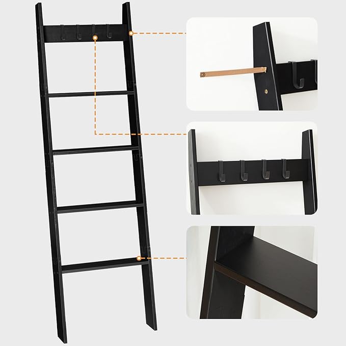 HOOBRO Blanket Ladder for Living Room and Bedroom, 5-Tier Wall Leaning Towel Rack for Bathroom, Decorative Ladder Shelf with 4 Removable Hooks, Farmhouse Blanket Storage, Black BB51CJ01G1