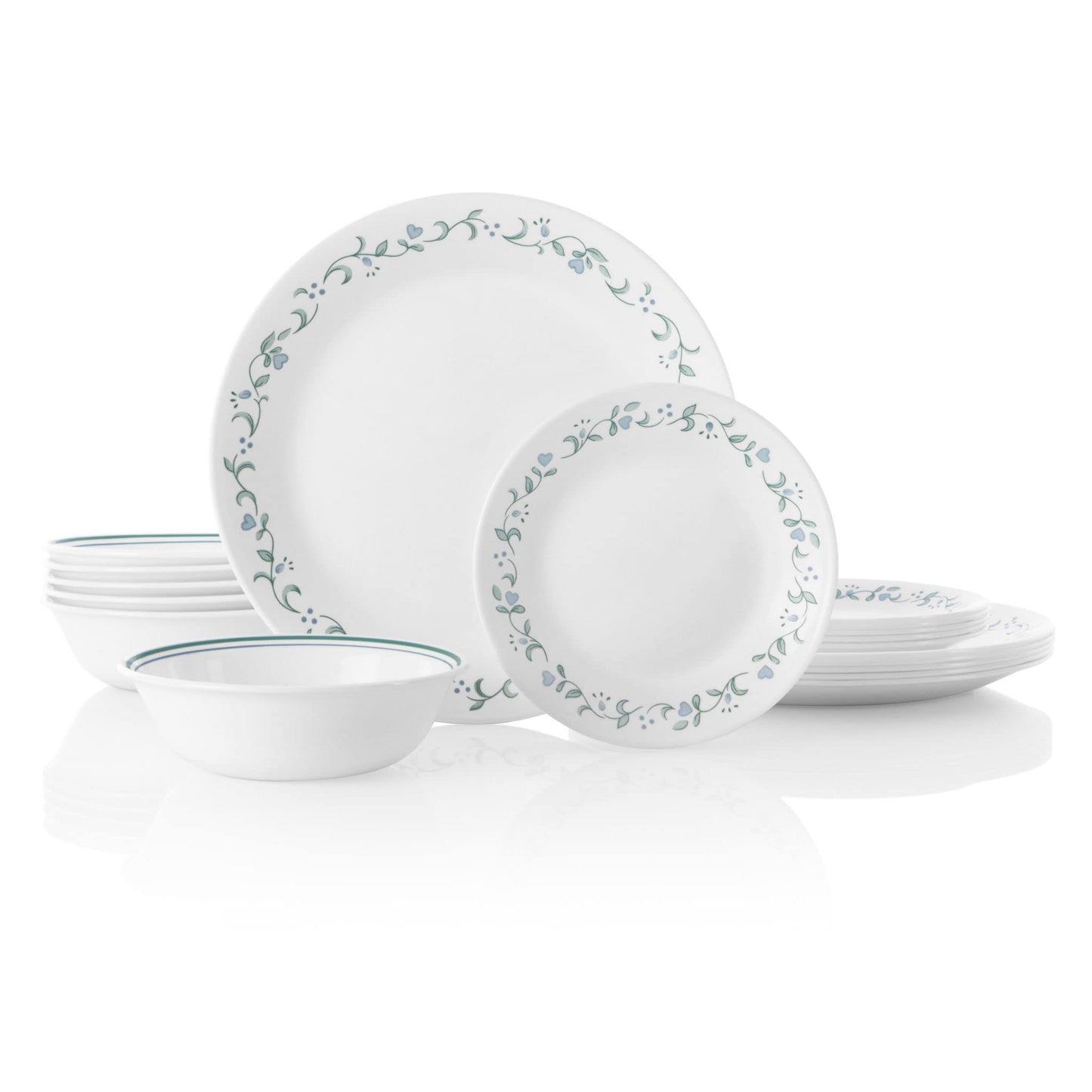 Corelle Everyday 18-PC Dinnerware Set Service for 6, Durable and Eco-Friendly, Higher Rim Glass Plate & Bowl Set, Microwave and Dishwasher Safe, Sadie