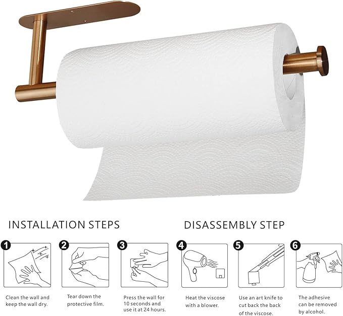 Paper Towel Holders,Paper Towels Rolls - for Kitchen,Paper Towels Bulk- Self-Adhesive Under Cabinet,Both Available in Adhesive and Screws,Stainless Steel Paper Towel Holder(Rose Gold)