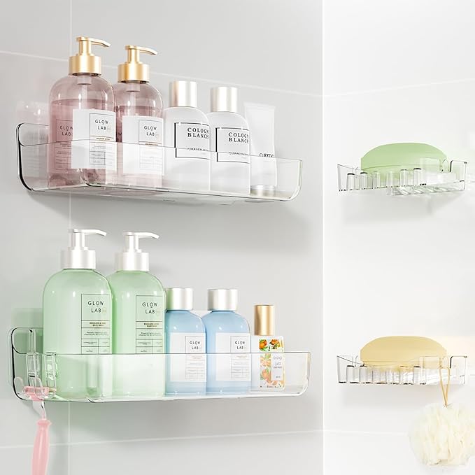 Sotfamily Clear Shower Caddy, Acrylic Wall Mounted Shower Shelves with Soap Dish & Adhesive Pads for Bathroom Organizers and Storage, No Drill Shower Caddies for Bathroom Decor