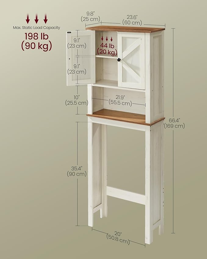 VASAGLE LIRY Collection - Over-The-Toilet Storage Cabinet, 23.6-Inch Wide Farmhouse Bathroom Organizer, with Barn Doors, Adjustable Shelf, Space-Saving, Rustic White UBTS026W01