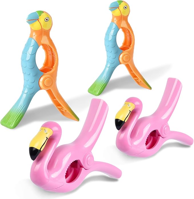 Beach Towel Clips, Sopito Jumbo Size Towel Clips for Beach Chairs Cruise Patio and Pool Accessories, Set of 4 (Pink Orange Flamingo Parrot)