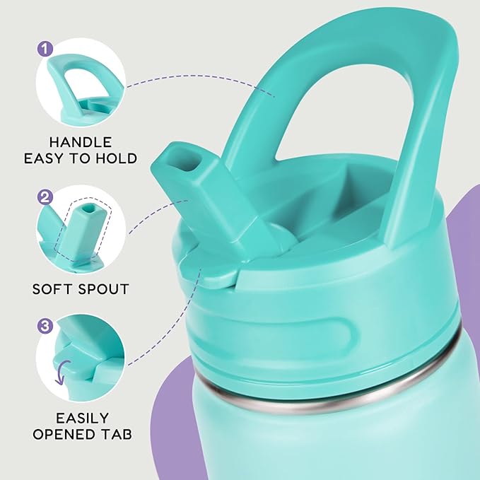 12oz Kids Water Bottle for School, Toddler Bottles with Straws, Stainless Steel Vacuum Insulated Water Bottle for Boys&Girls, Leak-Proof, BPA-Free, Green