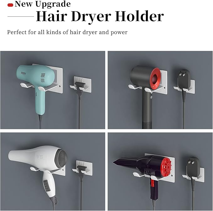 Self Adhesive Hair Dryer Holder Wall Mounted - Adhesive Bathroom Hair Blow Dryer Rack Organizer Compatible with Supersonic Hair Dryers (White)