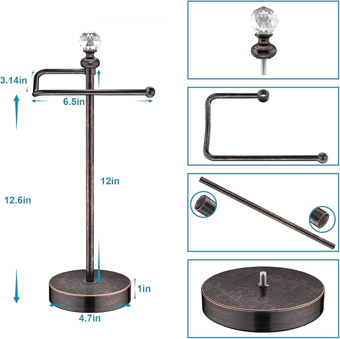 Heavy Weighted Hand Towel Holder(with Crystal Ball) Standing Hand Towel Holder Total Height 15.7'' for Kitchen,Bathroom,Vanity,Classic Decorative Metal Hand Towel Stand,Oil Rubbed Bronze