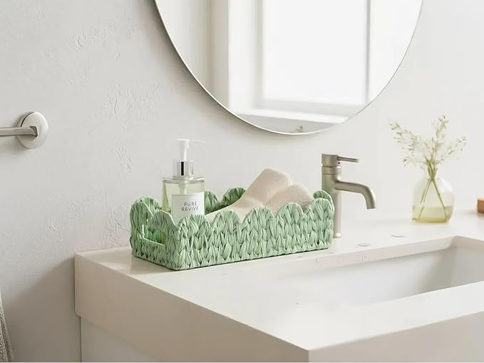 Green Toilet Tank Basket,Toilet Paper Storage Basket Bathroom Counter Organizer Wicker Baskets for Organizing,Holds Up to 3 Mega Rolls,Green Decor Bathroom