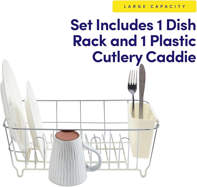 Dish Drying Rack & Cutlery Holder 2 Piece Set - Compact Sink-Fitting Dish Drainer with Rubberized Undercoating, Space-Saving Kitchen Organizer for Plates, Cups, Bowls & Utensils in Sink, Ivory