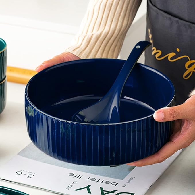 UUEMB 95oz Extra Large Ceramic Salad Bowl, Navy Blue Dishwasher Safe