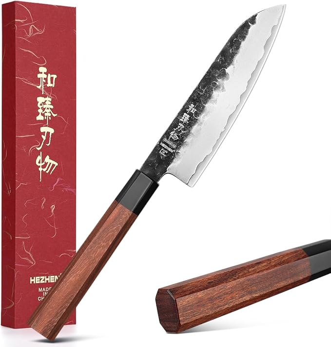 HEZHEN Santoku Knife, 7 Inches, 3 Layers Clad Steel Chef Knife,Professional Japanese Kitchen Knife for Chefs and Home Cooking,Wooden Octagonal Handle