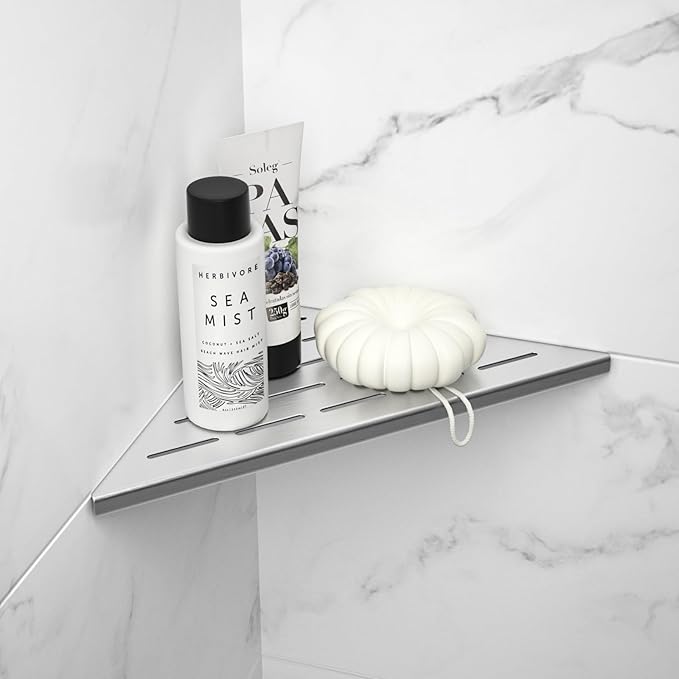 Corner Shower Shelf 10", Brushed 304 Stainless Steel Slot Design Recessed Corner Shelves Bathroom Grout in Shelf for Tiled Wall, 2 Pack