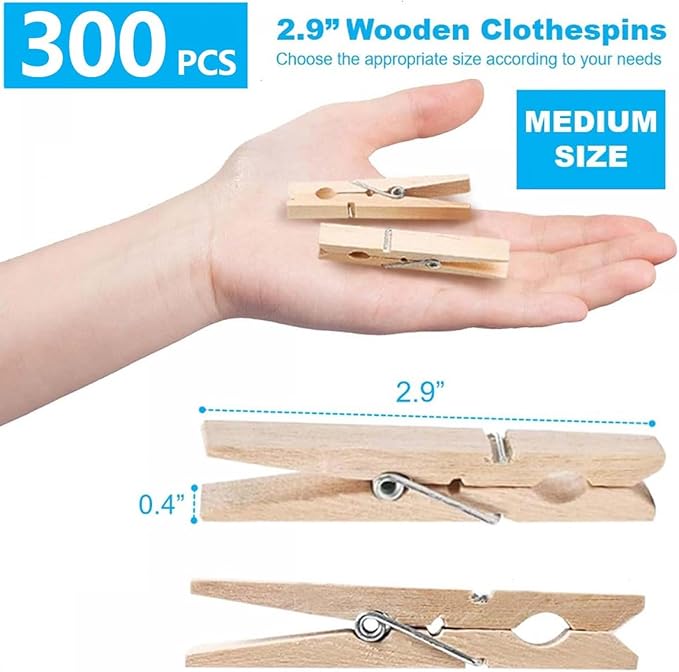 SenseYo 300 Pcs 2.9 Inch Wooden Clothespins Clips for Hanging Clothes, Craft, Home