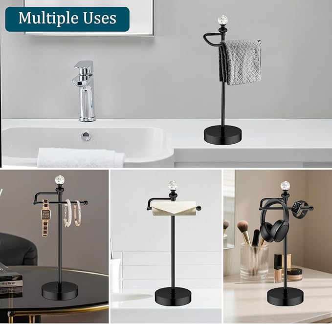 Bath Hand Towel Holder Stand, 2 Pack Stainless Steel Black Towel Rack Hand Holder for Bathroom, Small Countertop Free Standing Hand Towel Rack with Heavy Base (Matte Black, 2 Pack)